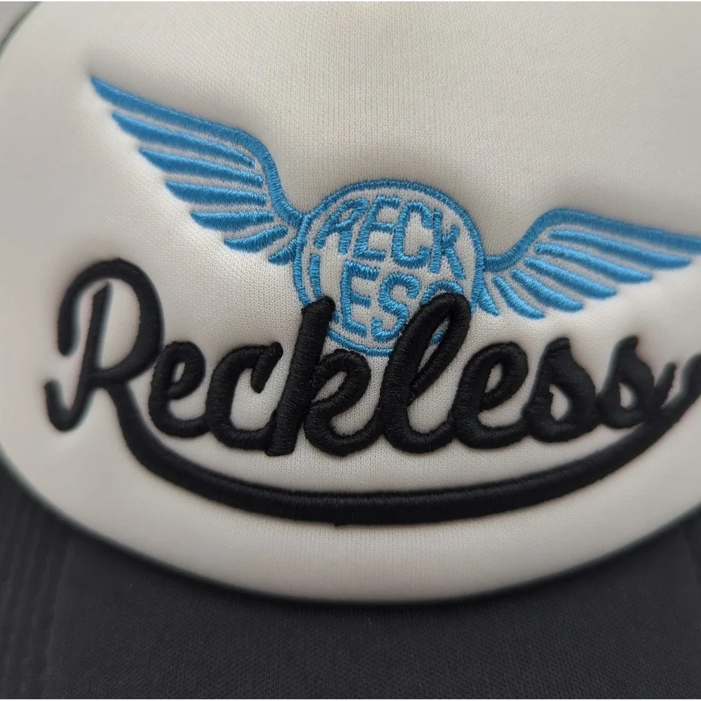 Young & Reckless Trucker Hat Black White Blue Winged Logo Snapback Mesh Cap